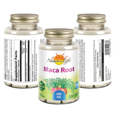 Close-up of Nature's Life Maca Root 500mg capsules