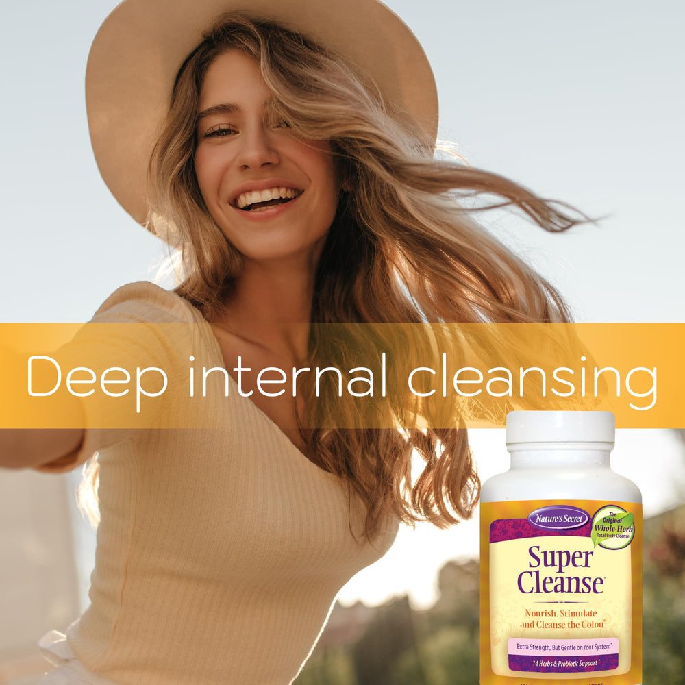 Nature's Secret Super Cleanse label-info shot communicates detox and healthy digestion features.