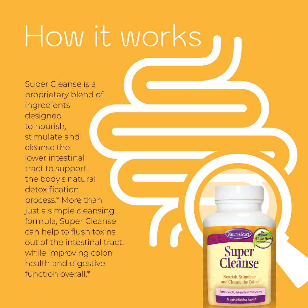 Nature's Secret Super Cleanse tablets close-up emphasizes probiotic and herbal blend aiding digestion.