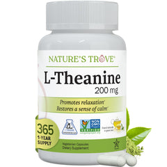 Nature's Trove L-Theanine 200mg bottle front view for relaxation-ready moments
