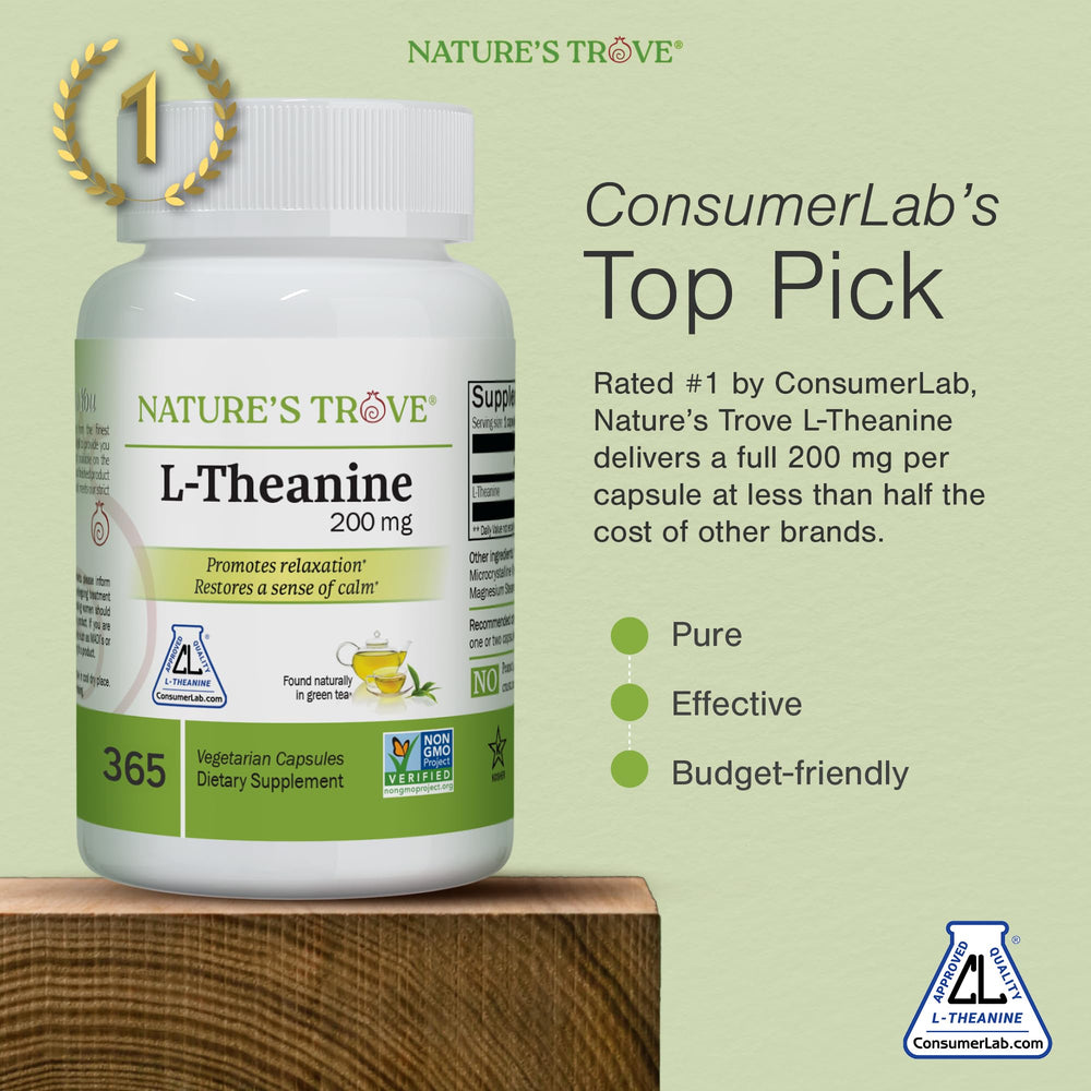 Nature's Trove L-Theanine 200mg bottle label close-up showing natural green tea origin