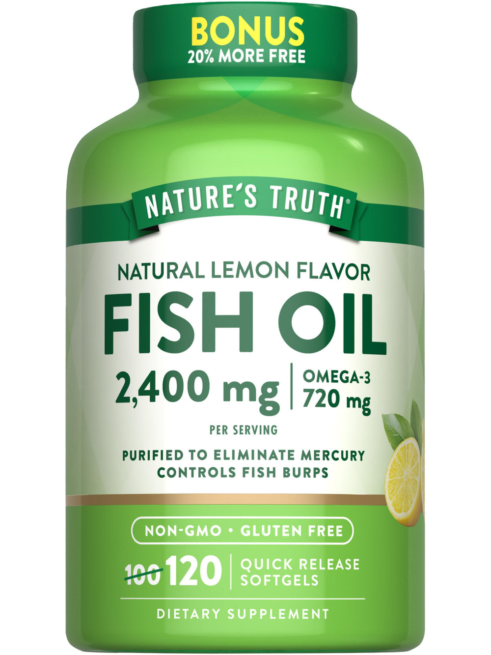Front view of Nature's Truth Fish Oil 2400mg lemon burpless softgels