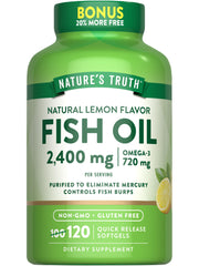 Front view of Nature's Truth Fish Oil 2400mg lemon burpless softgels