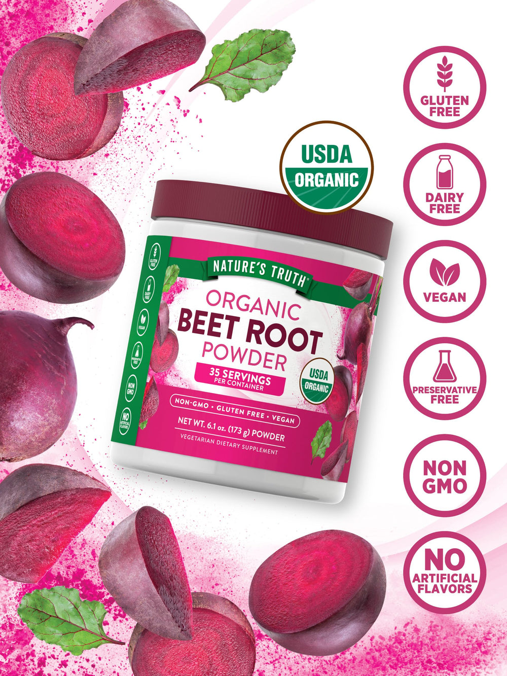 Close-up packaging of Nature's Truth Organic Beet Root Powder 6.1 oz