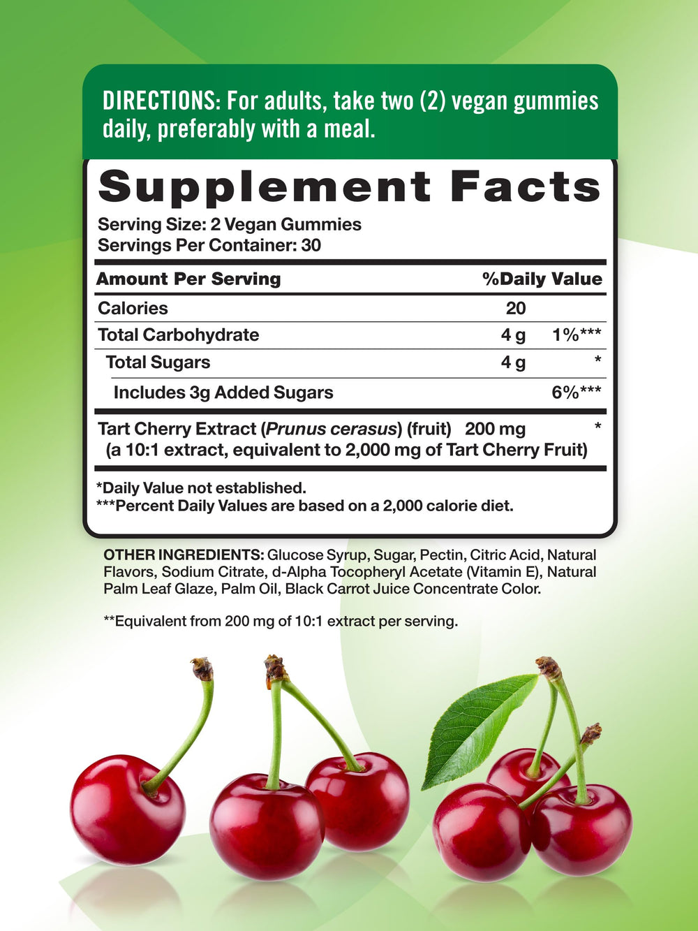 Close-up of Tart Cherry Gummies label showing 2000mg per serving