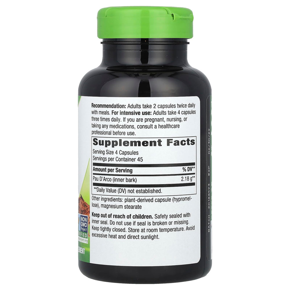 Pau D'Arco Inner Bark capsules close-up with bottle label