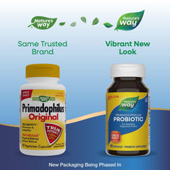 Primadophilus Probiotic bottle beside packaging showing capsules