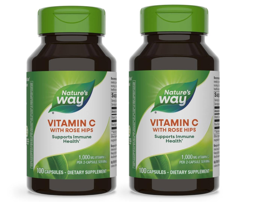 Bottle of Nature's Way Vitamin C with Rose Hips showing 1000 mg per 2 capsules