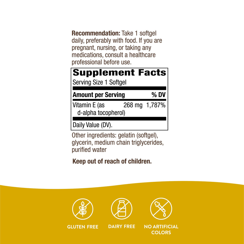 Supplement facts panel for Nature's Way Vitamin E