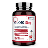 Front view of Nature Target CoQ10 100mg softgels in olive oil packaging