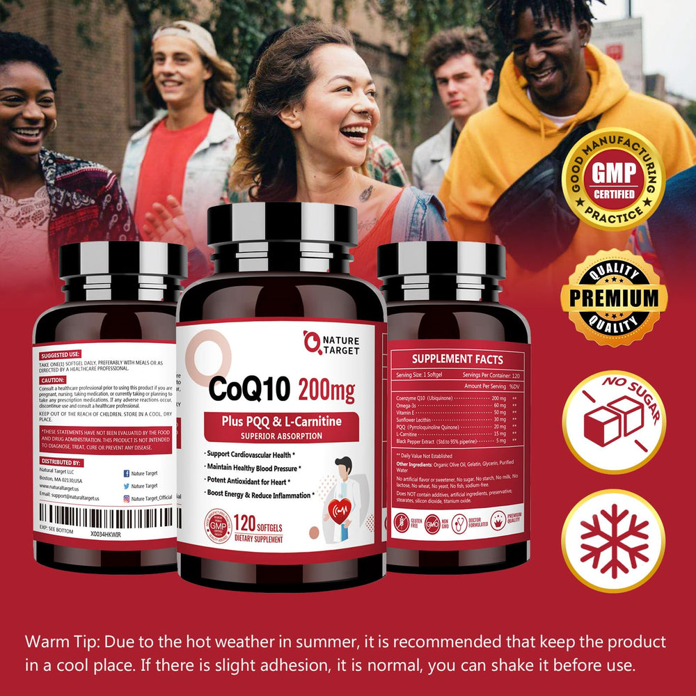 Infographic of ingredients: CoQ10 200mg, Omega-3s, PQQ