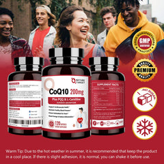 Infographic of ingredients: CoQ10 200mg, Omega-3s, PQQ