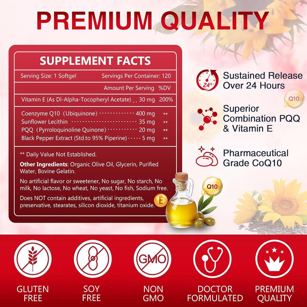 CoQ10 400mg softgels with vitamin E and olive oil