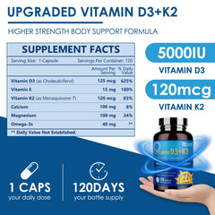 Capsule close-up showing Vitamin D3 5000 IU and Vitamin K2 120 mcg