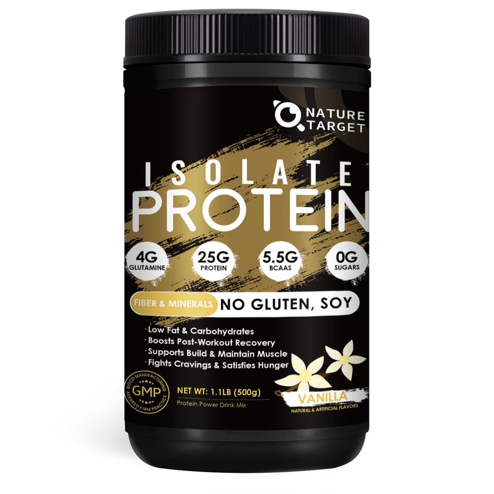 NATURE TARGET Isolate Whey Protein Powder Vanilla bottle with scoop