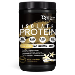 NATURE TARGET Isolate Whey Protein Powder Vanilla bottle with scoop