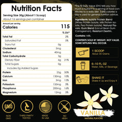 Vanilla isolate whey protein powder close-up scoop