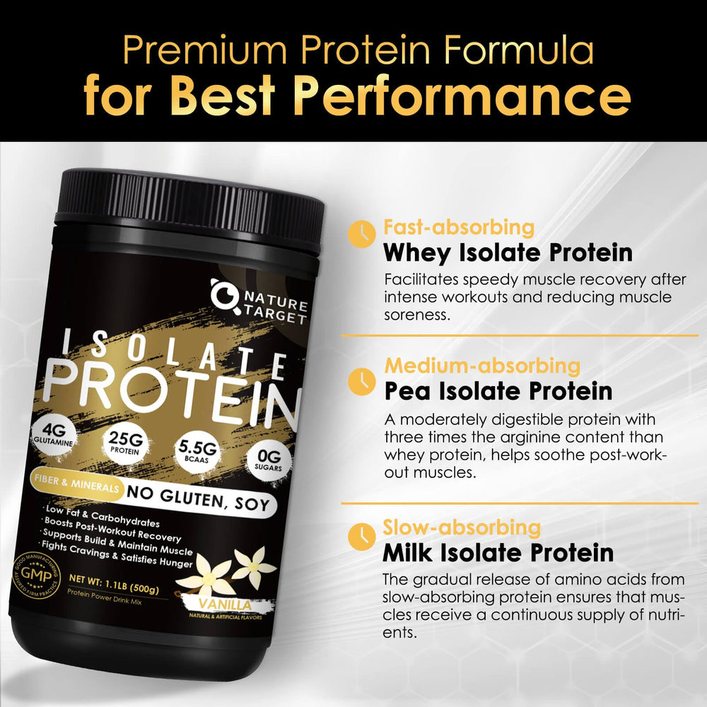 Vanilla isolate whey protein powder being poured into a shaker