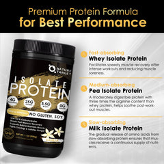 Vanilla isolate whey protein powder being poured into a shaker