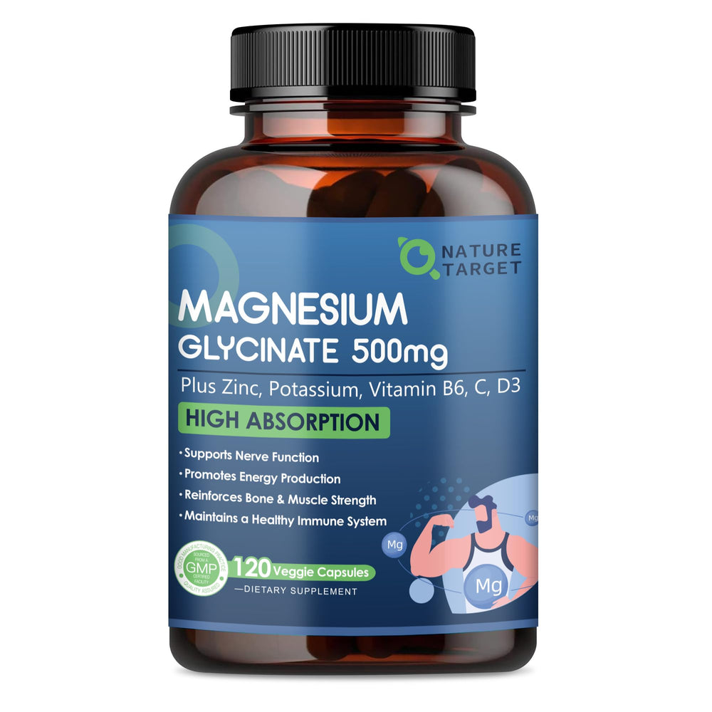 Front view of Nature Target Magnesium Glycinate 500mg bottle with label