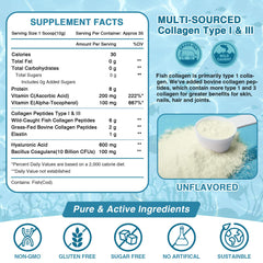 Close-up of product label highlighting Type I & III collagen, probiotics, Vitamin C and Hyaluronic Acid