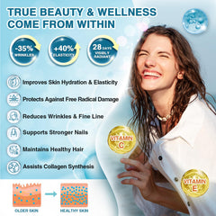 Vitamin C and Vitamin E icons with marine collagen powder