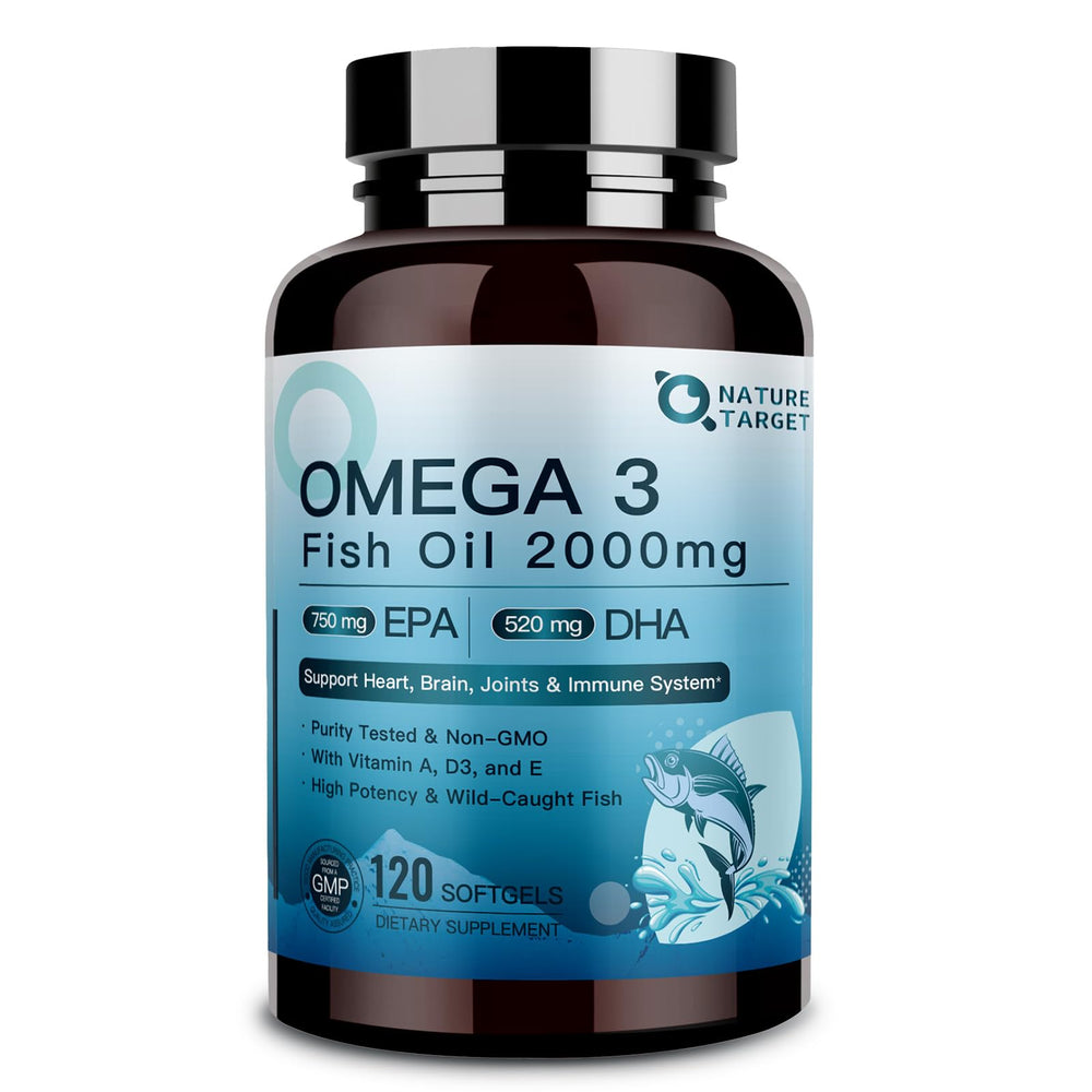 Nature Target Omega-3 2000mg softgels bottle with vitamins A, D3, E