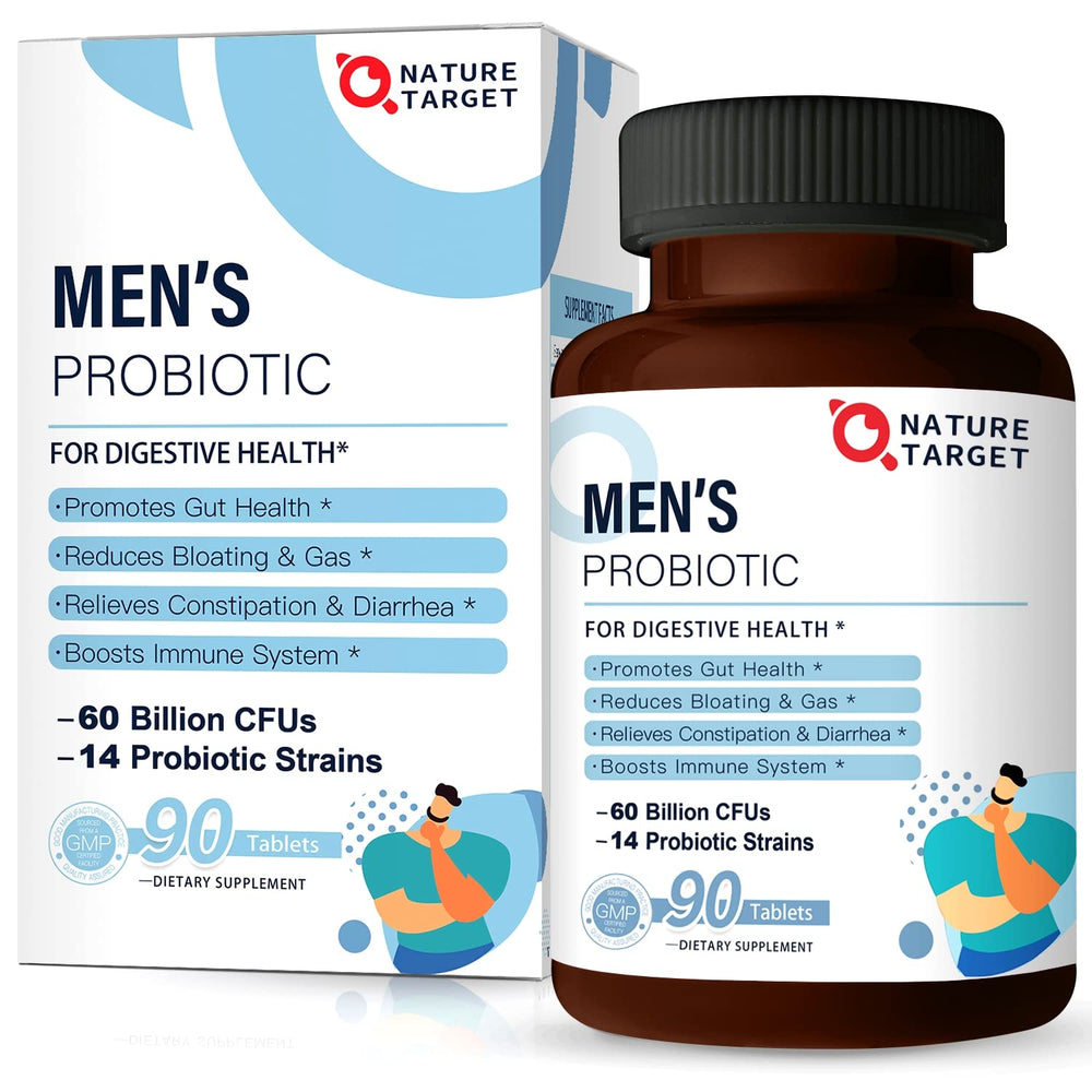 Nature Target Probiotics for Men bottle label displaying 60B CFUs and 14 strains