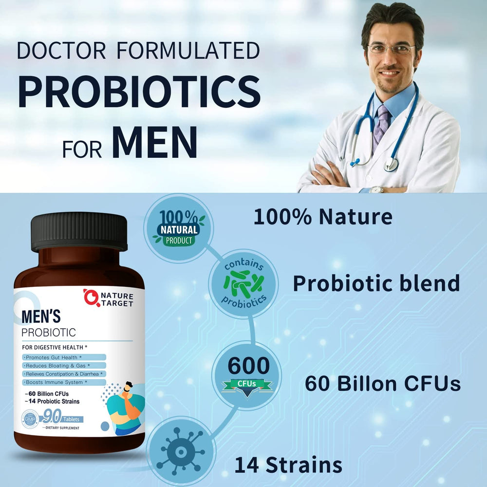 Shelf-stable Nature Target Probiotics for Men packaging with GMP certification