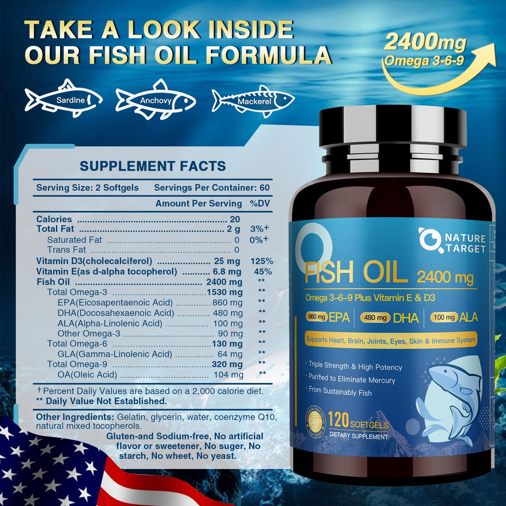 Close-up of Nature Target Omega 3-6-9 bottle label