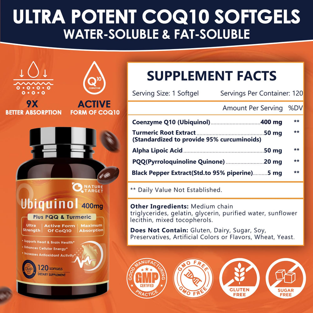 Close-up of CoQ10 softgels highlighting high absorption with black pepper