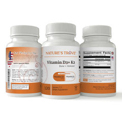 Close-up of Nature's Trove Vitamin D3 5000 IU + K2 100 mcg tablets