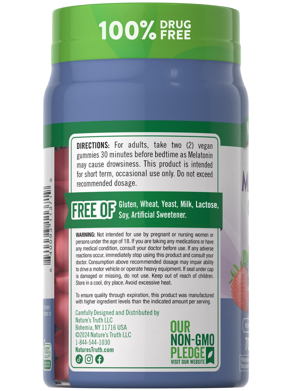 Nutrition facts panel for Nature's Truth Melatonin Gummies Berry flavor