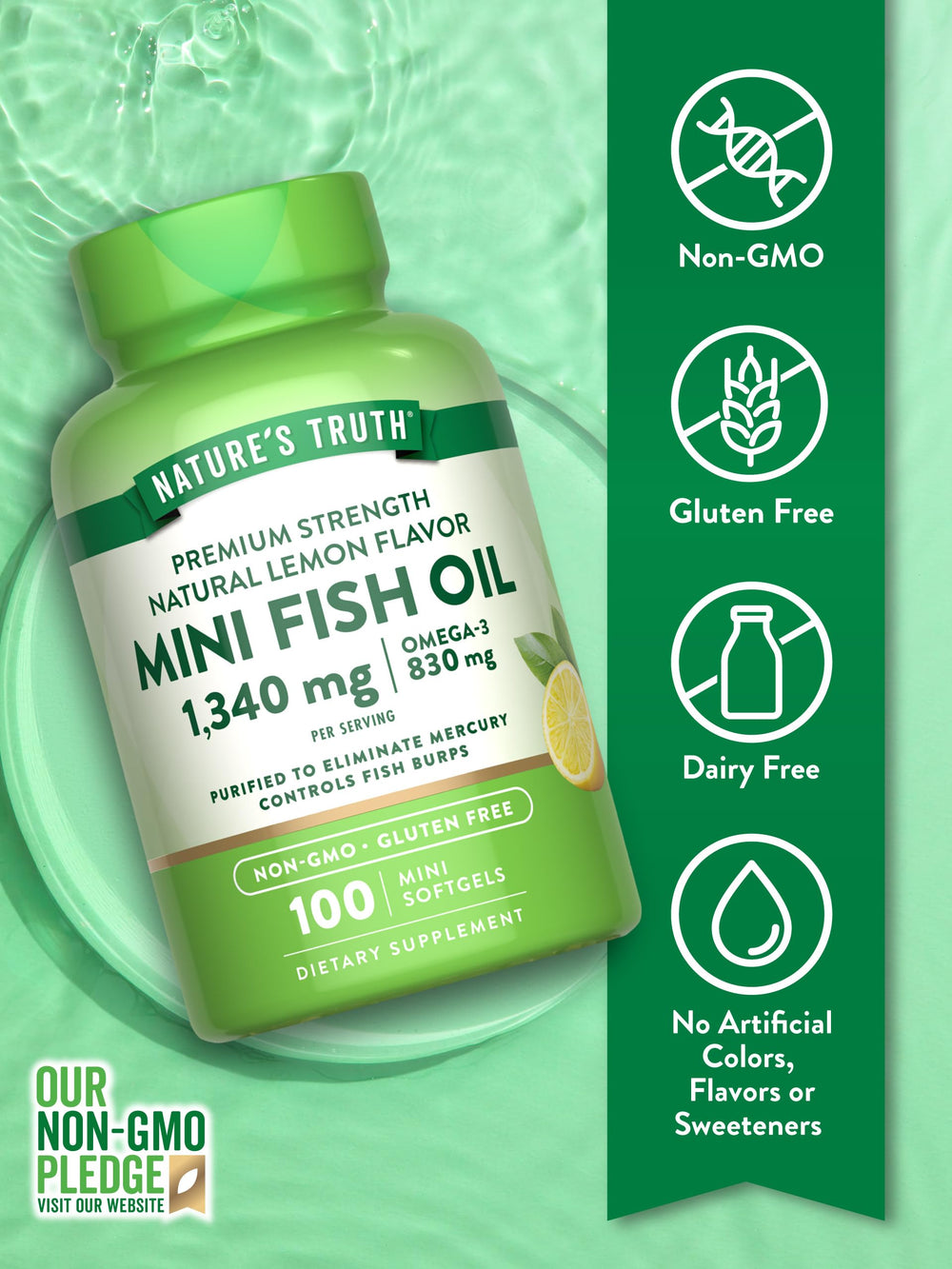 Front view of Nature's Truth omega-3 bottle with lemon packaging