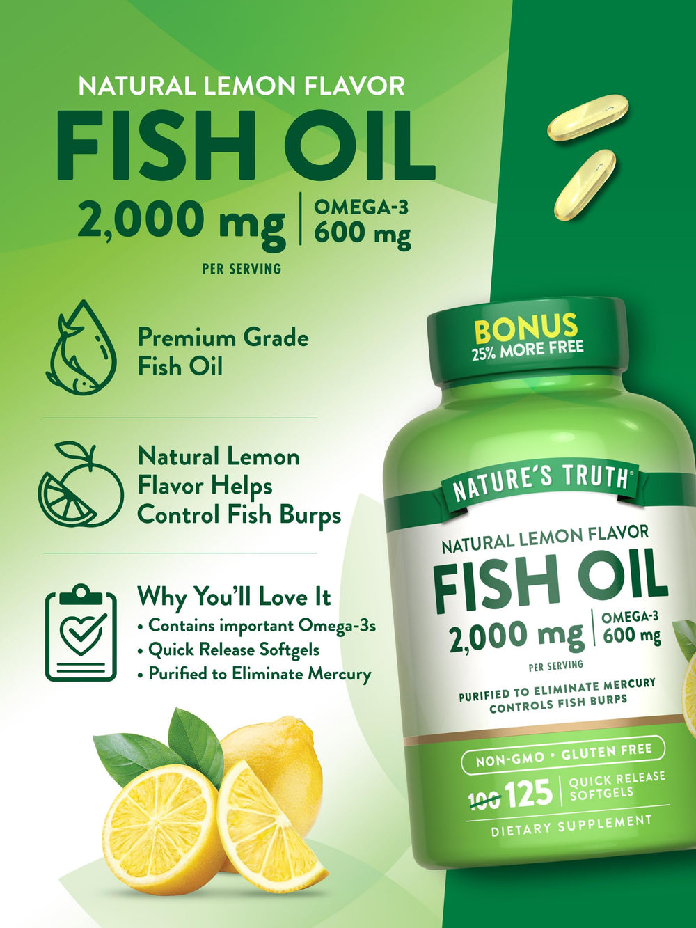 Non-GMO and gluten-free omega-3 fish oil bottle with label