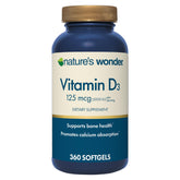 Nature's Wonder Vitamin D3 bottle with 360 softgels
