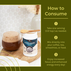 Lion's Mane powder in a glass jar with cup and natural background