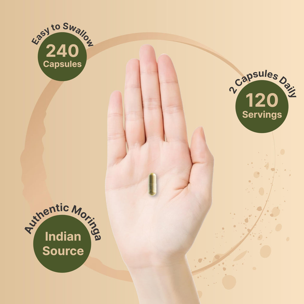 Bottle showing 240 moringa capsules per bottle