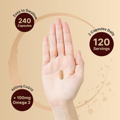 NatureBell CoQ10 Omega-3 bottle with heart health imagery.