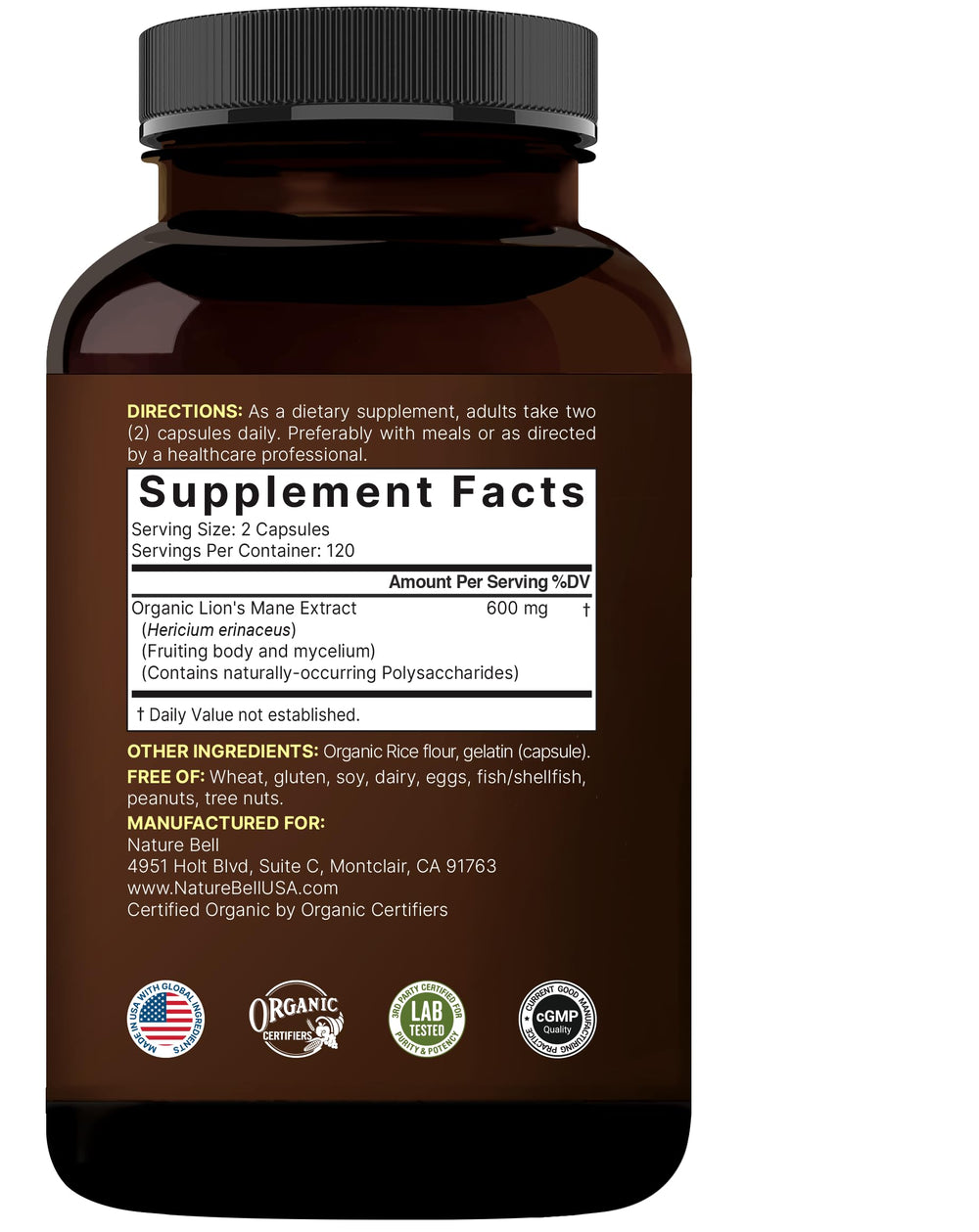 Non-GMO NatureBell Lions Mane supplement label