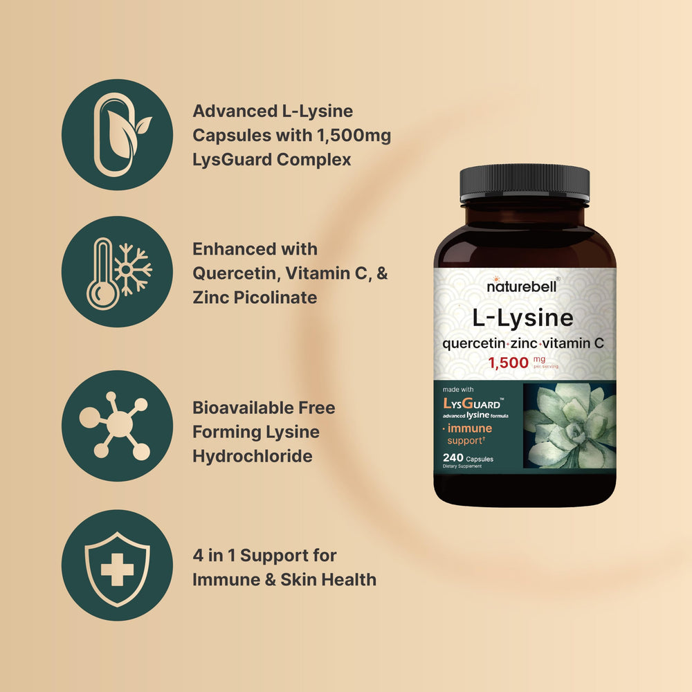 Illustration of LysGuard 4-in-1 immune-support ingredients: lysine, vitamin C, quercetin, zinc