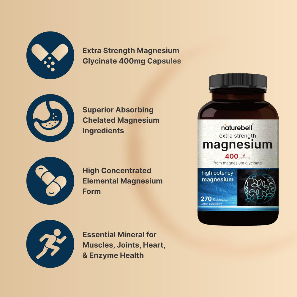 Three magnesium glycinate capsules spilling from a bottle