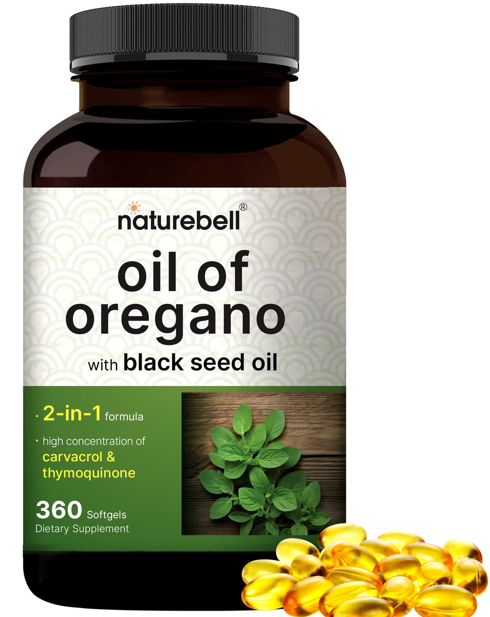 NatureBell oregano oil with black seed oil bottle – front view
