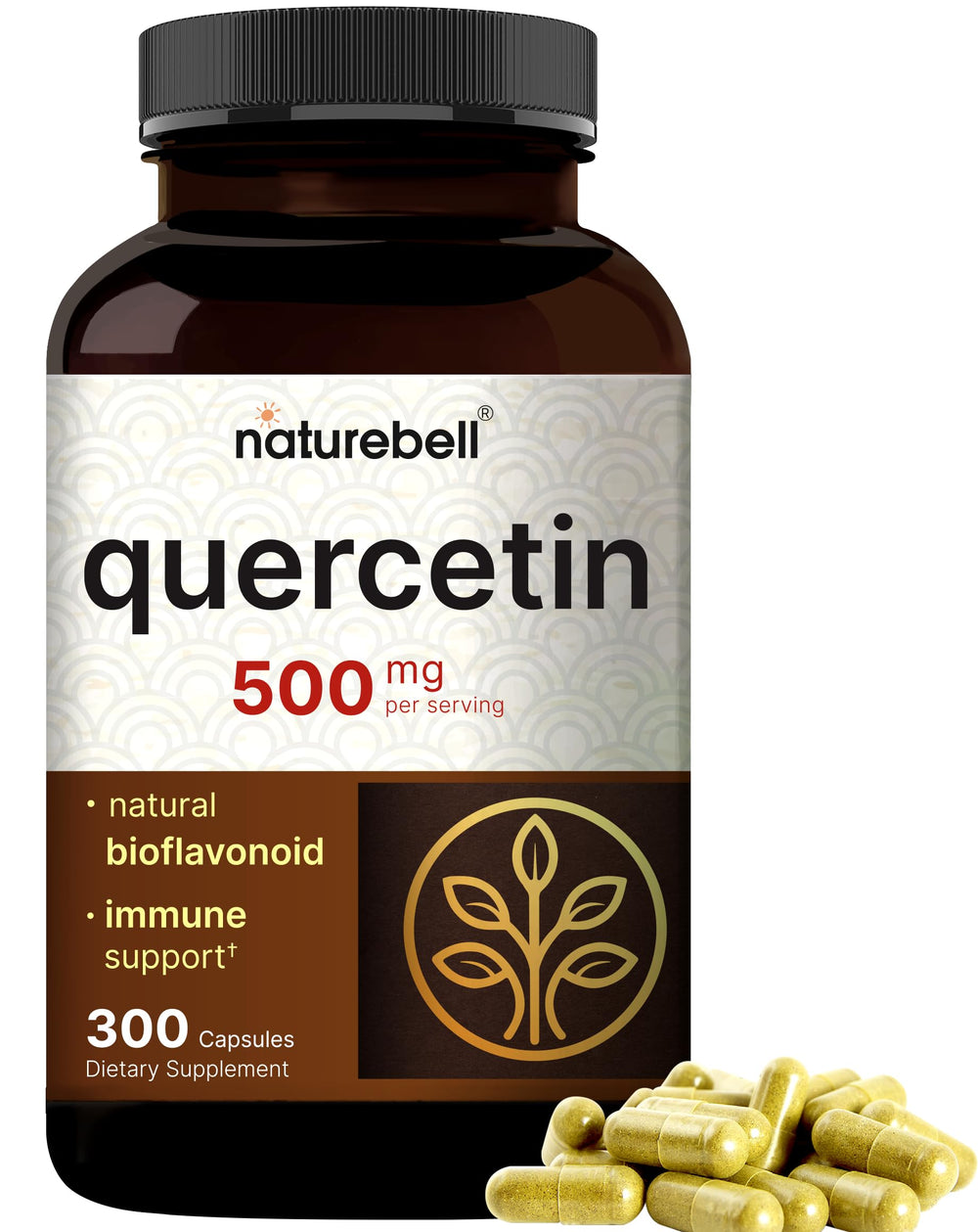 NatureBell Quercetin 500mg bottle and capsules on white background