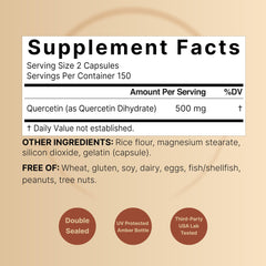 Close-up of quercetin dihydrate capsules in bottle