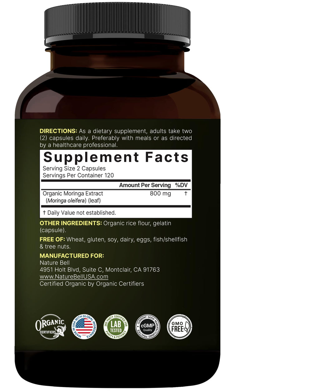 Third-party lab testing seal on Nature Bell moringa product