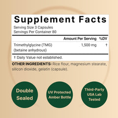 Close-up of NatureBell TMG bottle label showing 1,500mg per capsule