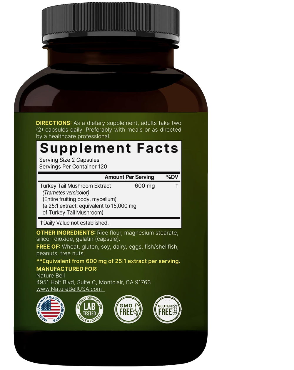 Allergen-free, non-GMO turkey tail capsules illustration