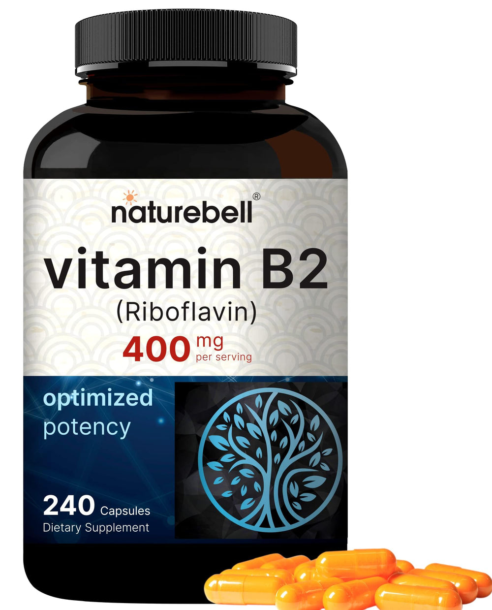 NatureBell Vitamin B2 Riboflavin 400mg bottle and capsules – front view