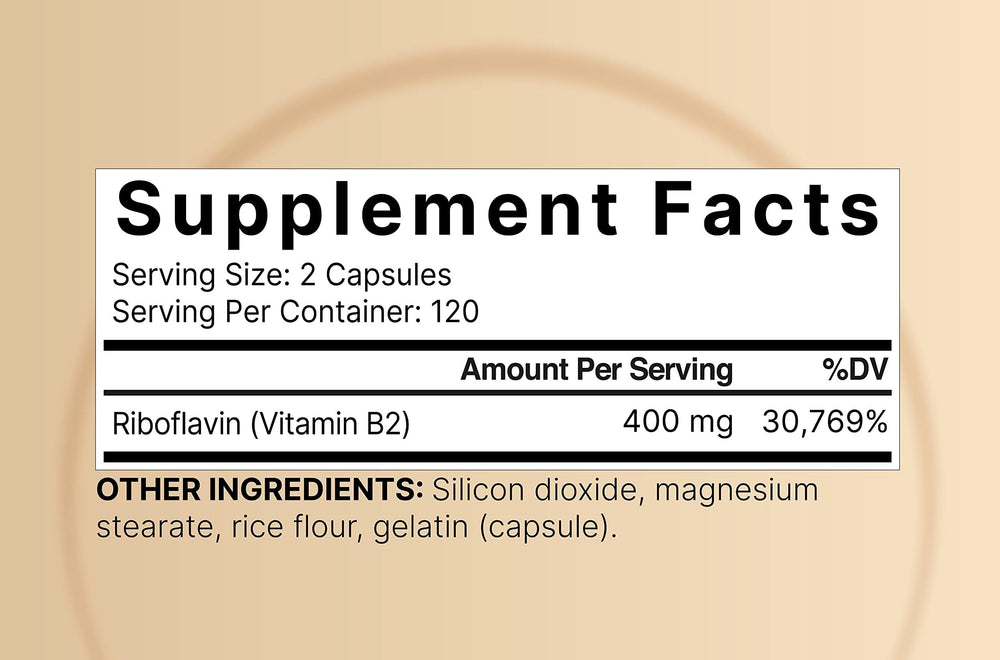 Close-up of label showing 400mg per serving of Riboflavin (Vitamin B2)